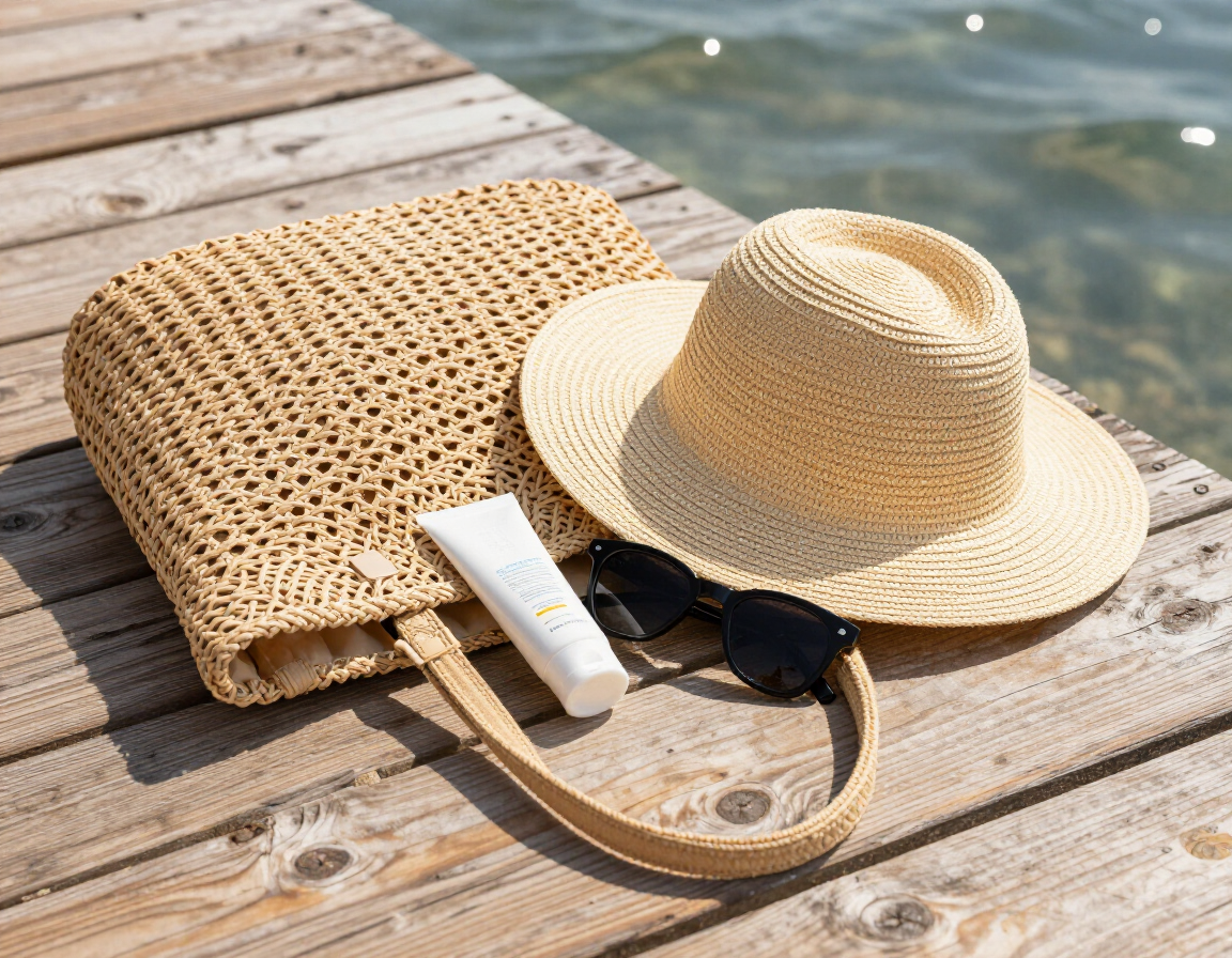 Packed beach bag for island getaway