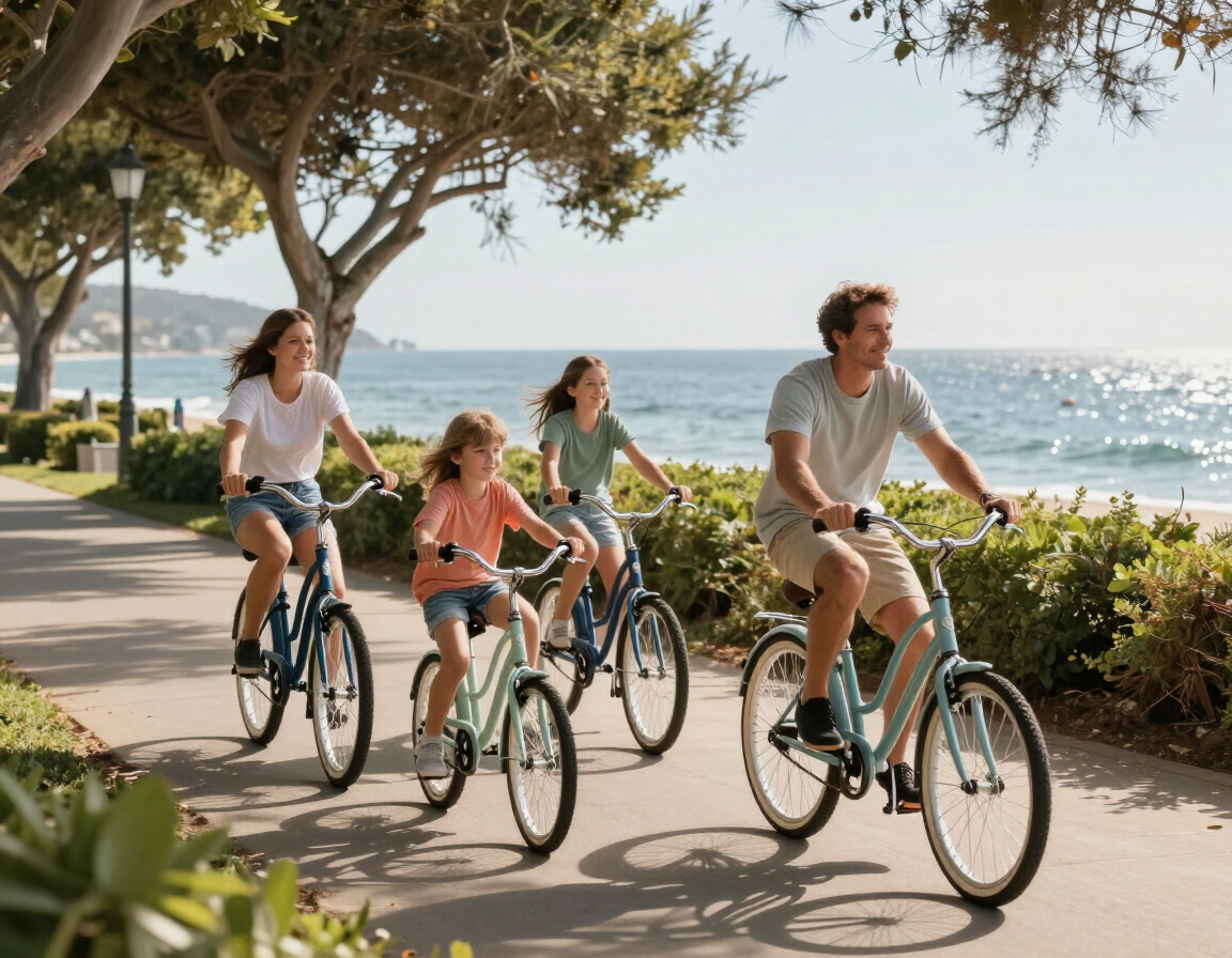 Family biking on a coastal path