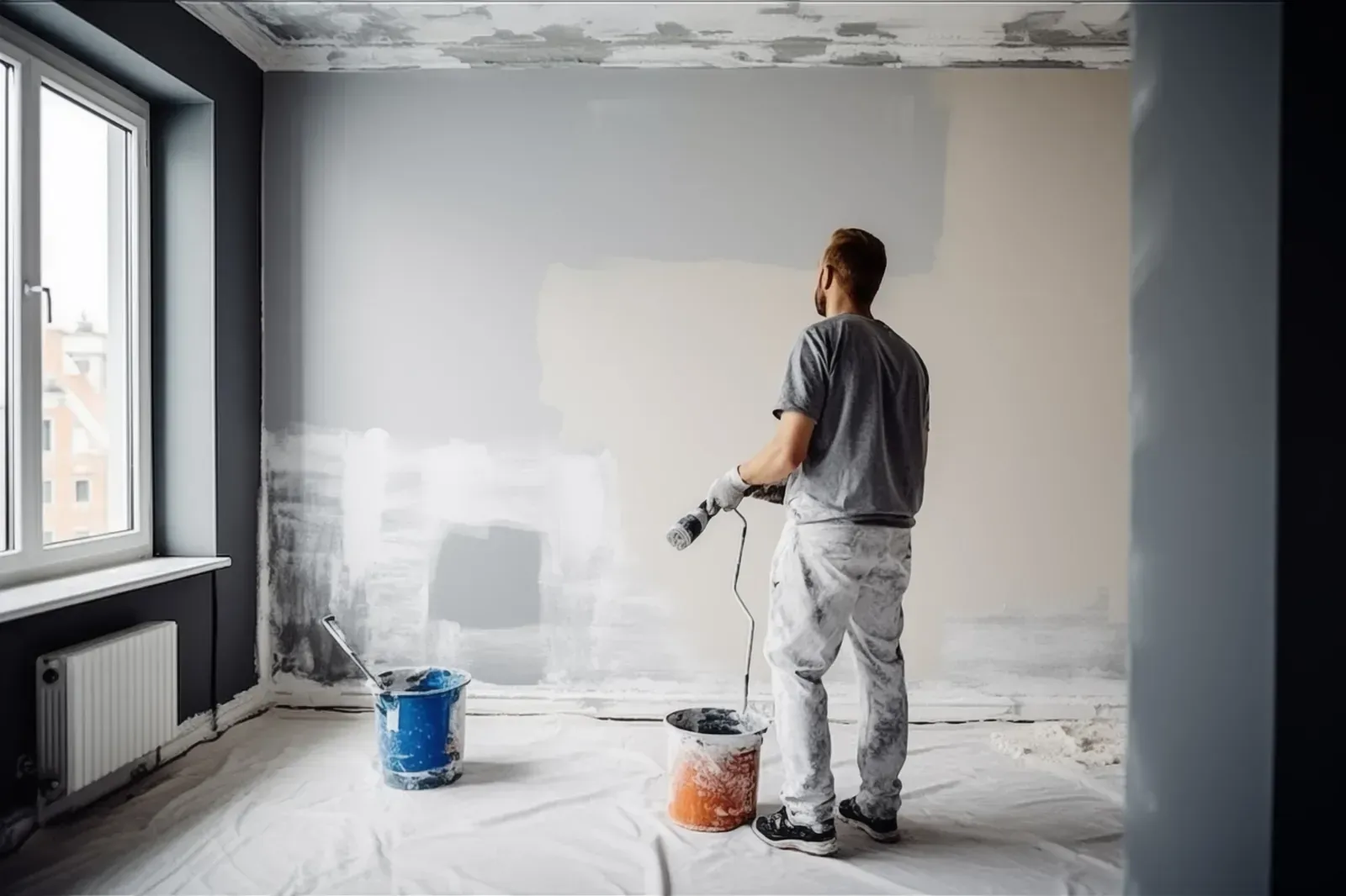 Hombre pintando una habitación con una pistola pulverizadora de pintura; las paredes están medio pintadas en varios tonos.
