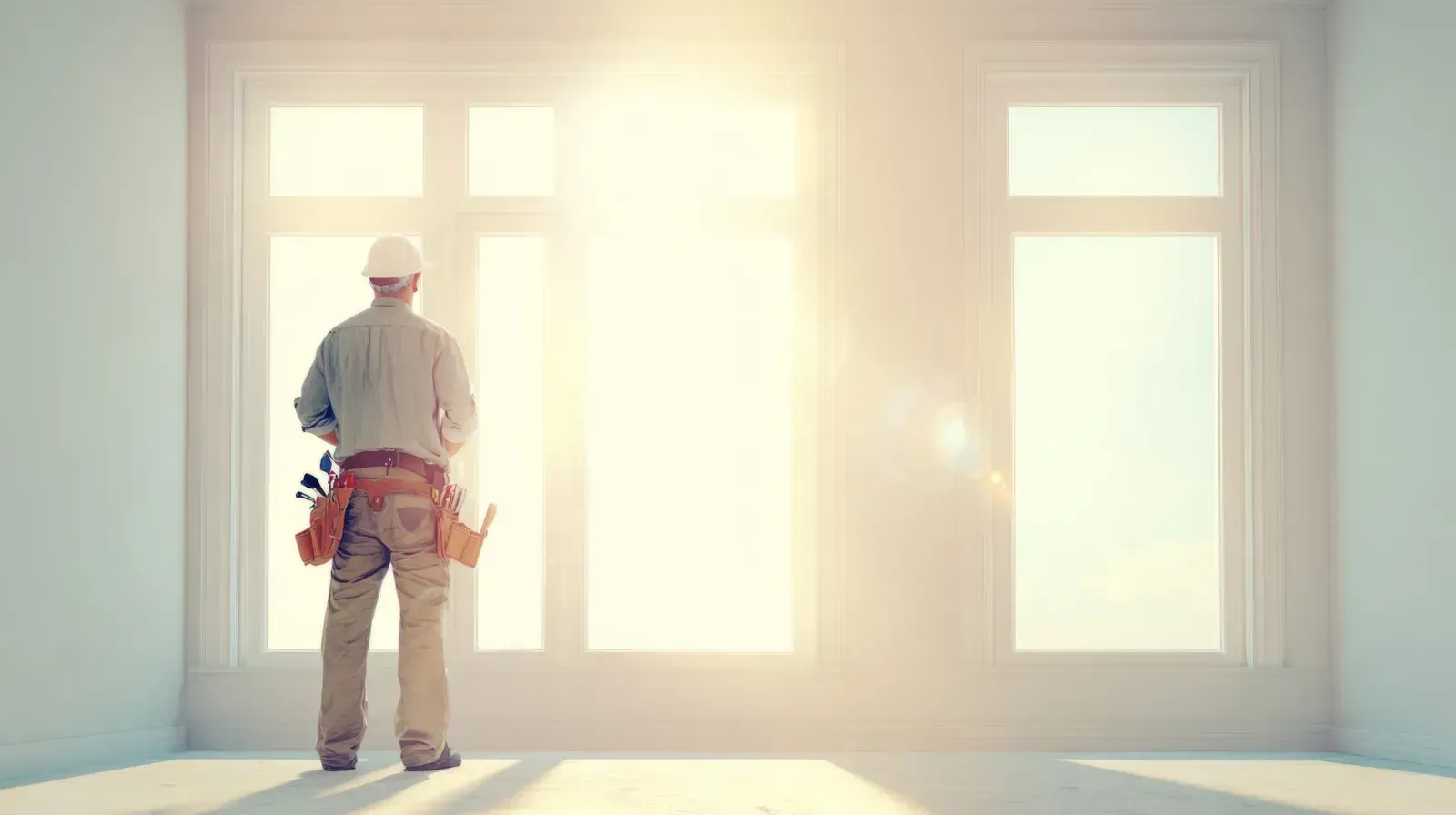 Obrero mirando por una ventana soleada. Habitación vacía, herramientas en el cinturón. Luz brillante.