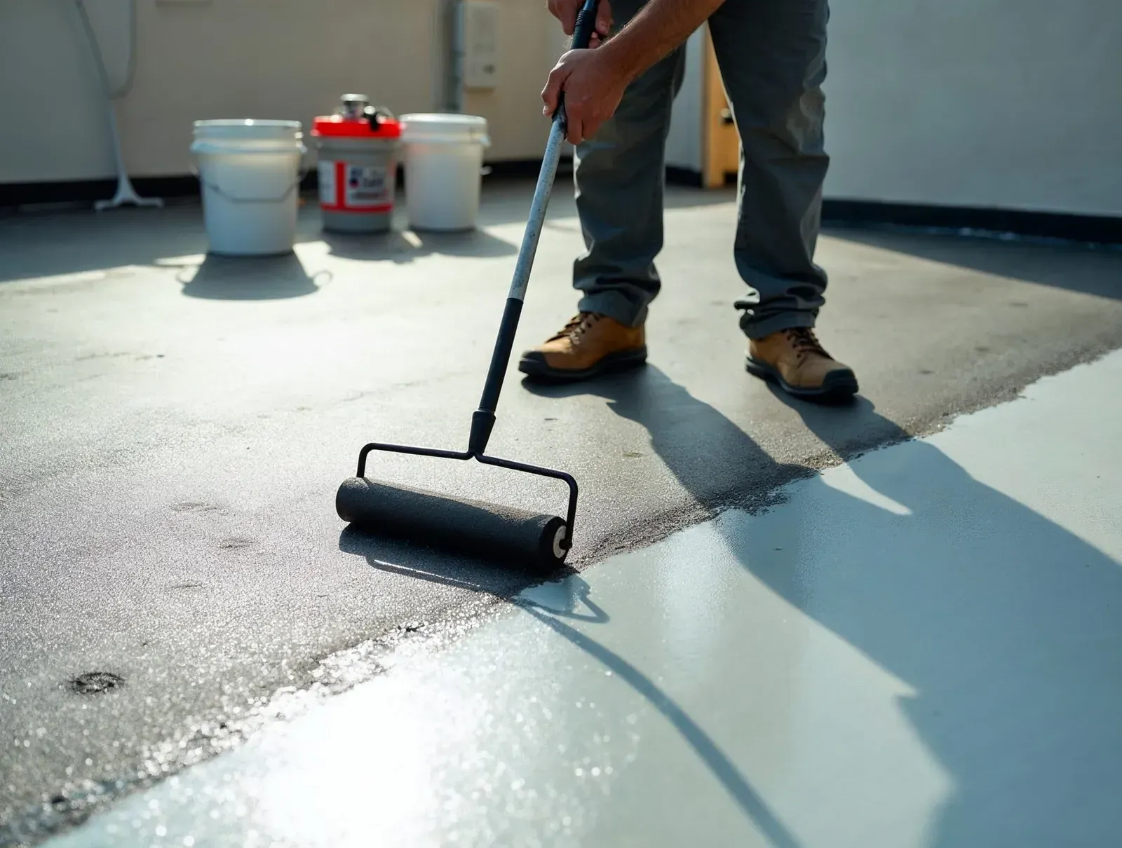 Persona que utiliza un rodillo de pintura para aplicar sellador a un techo plano, con baldes blancos en el fondo.