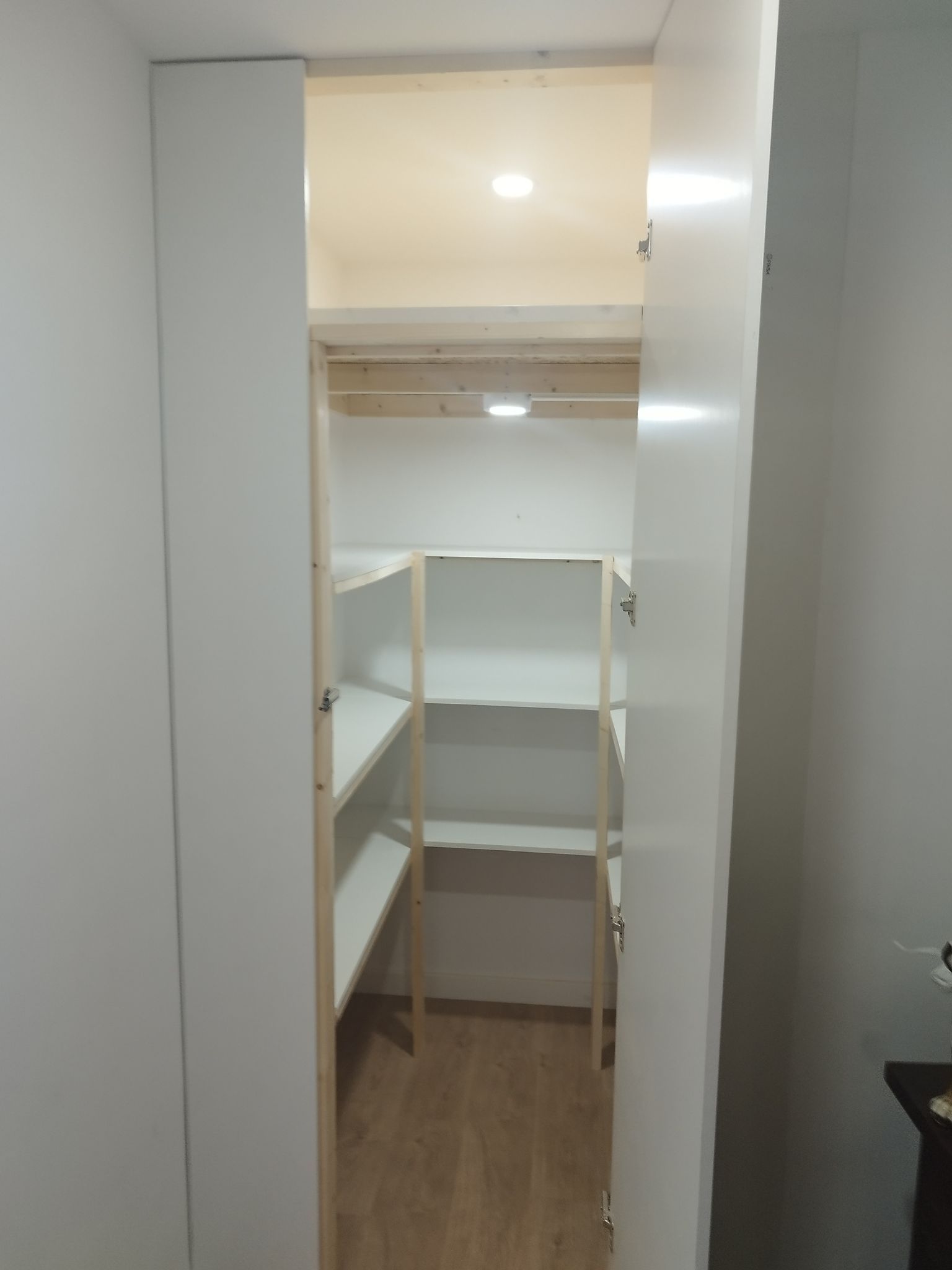 Despensa blanca con estantes empotrados. La puerta está entreabierta, dejando ver los estantes y la luz. Suelo de madera.