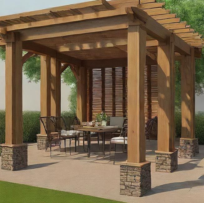 Pérgola de madera con detalles en piedra, sobre un patio, con mesa y sillas.