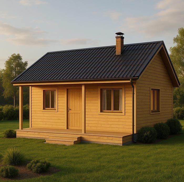 Una pequeña casa de madera con porche y techo oscuro se encuentra sobre el césped verde bajo un cielo azul.