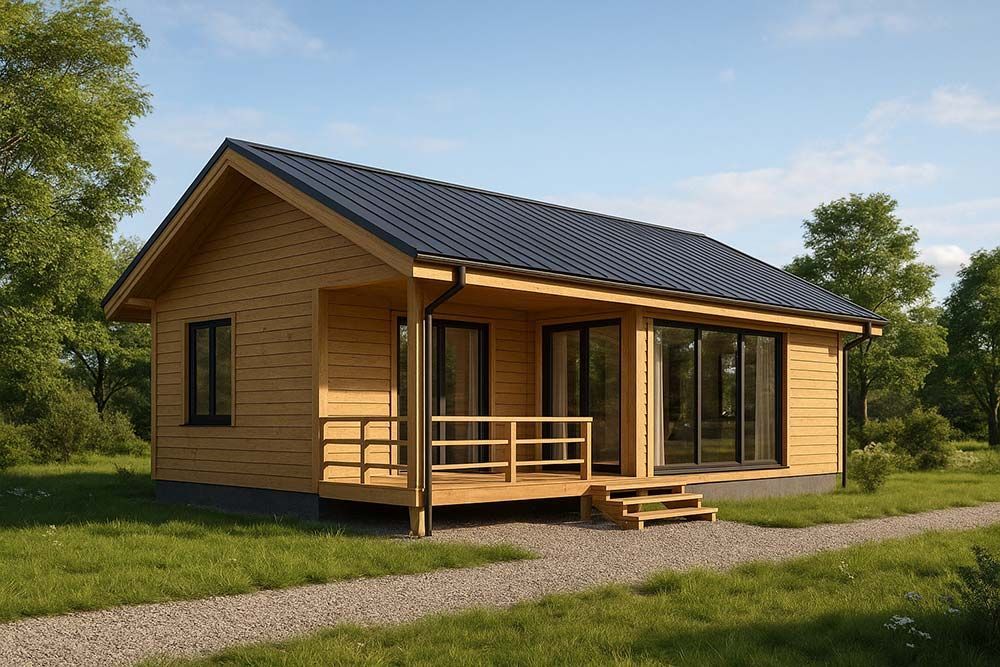 Cabaña de madera con techo y ventanas negras, pequeño porche, en un entorno verde.