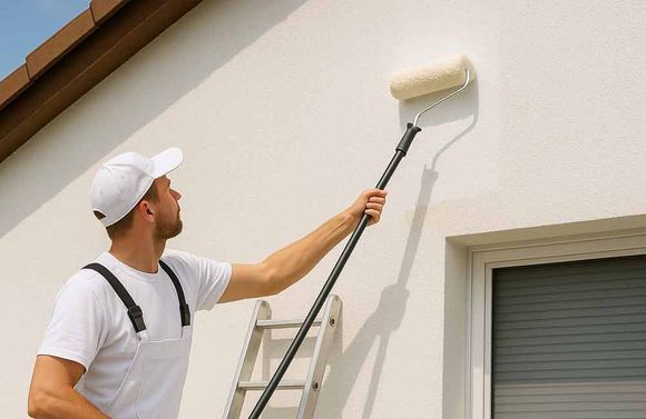 Ein Mann streicht mit einer Rolle eine weiße Wand.