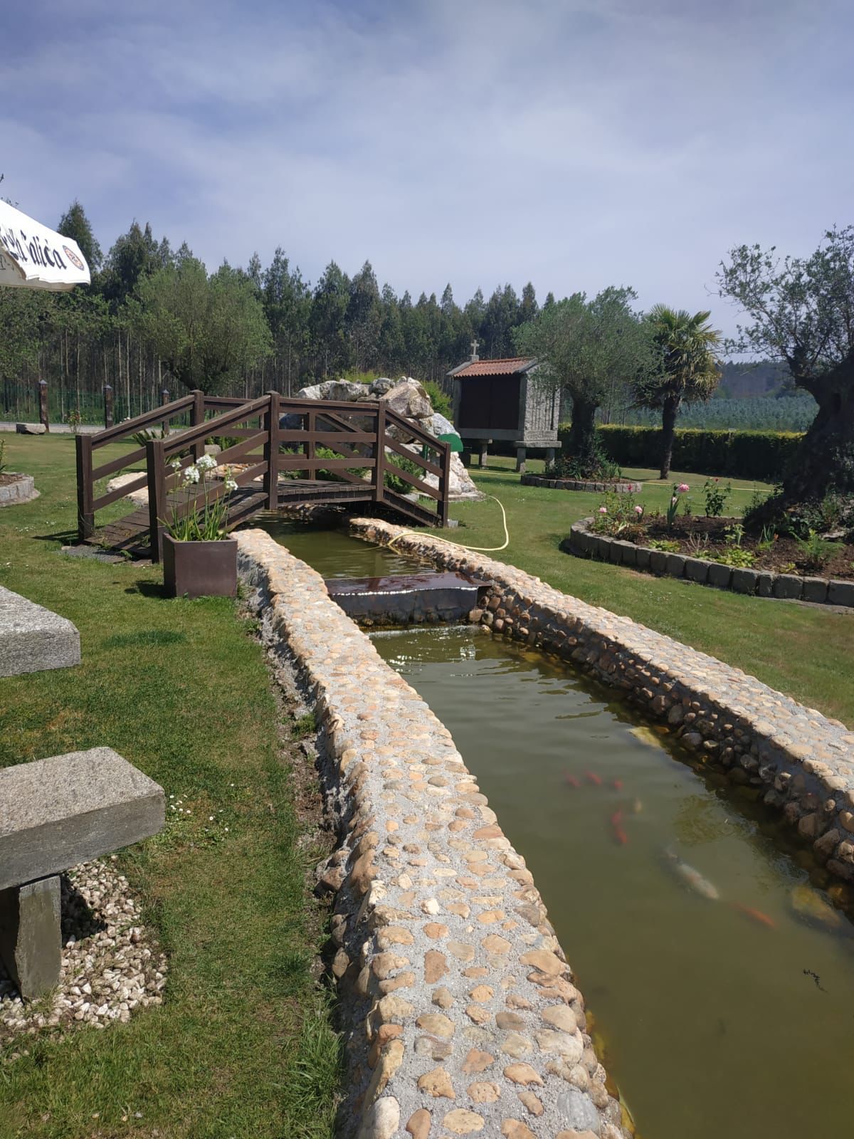 Un camino de piedra que conduce a un estanque con un puente de madera sobre él.