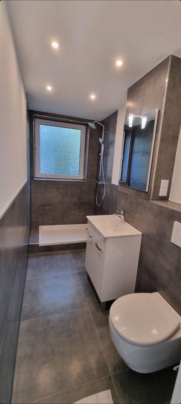 Ein Badezimmer mit Toilette, Waschbecken und Dusche.