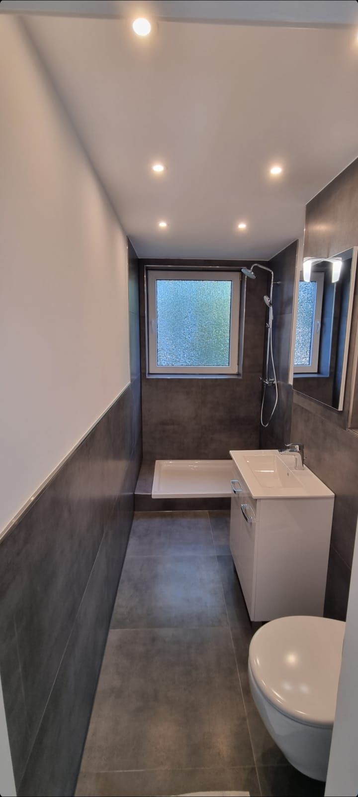 Ein Badezimmer mit Toilette, Waschbecken und Dusche.