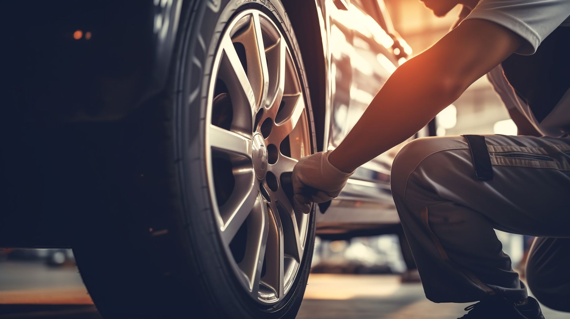 Un hombre está cambiando un neumático de un coche en un garaje.