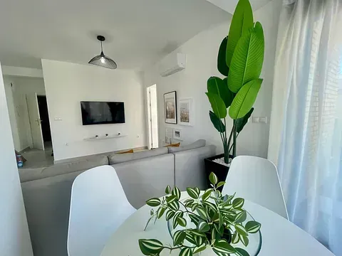 Una sala de estar con una mesa, sillas, una planta y un televisor de pantalla plana.