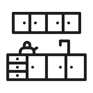 Un icono en blanco y negro de una cocina con gabinetes y un fregadero.