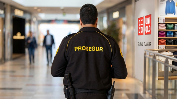 Un Vigilante de Seguridad de PROSEGUR camina por el pasillo de un centro comercial.
