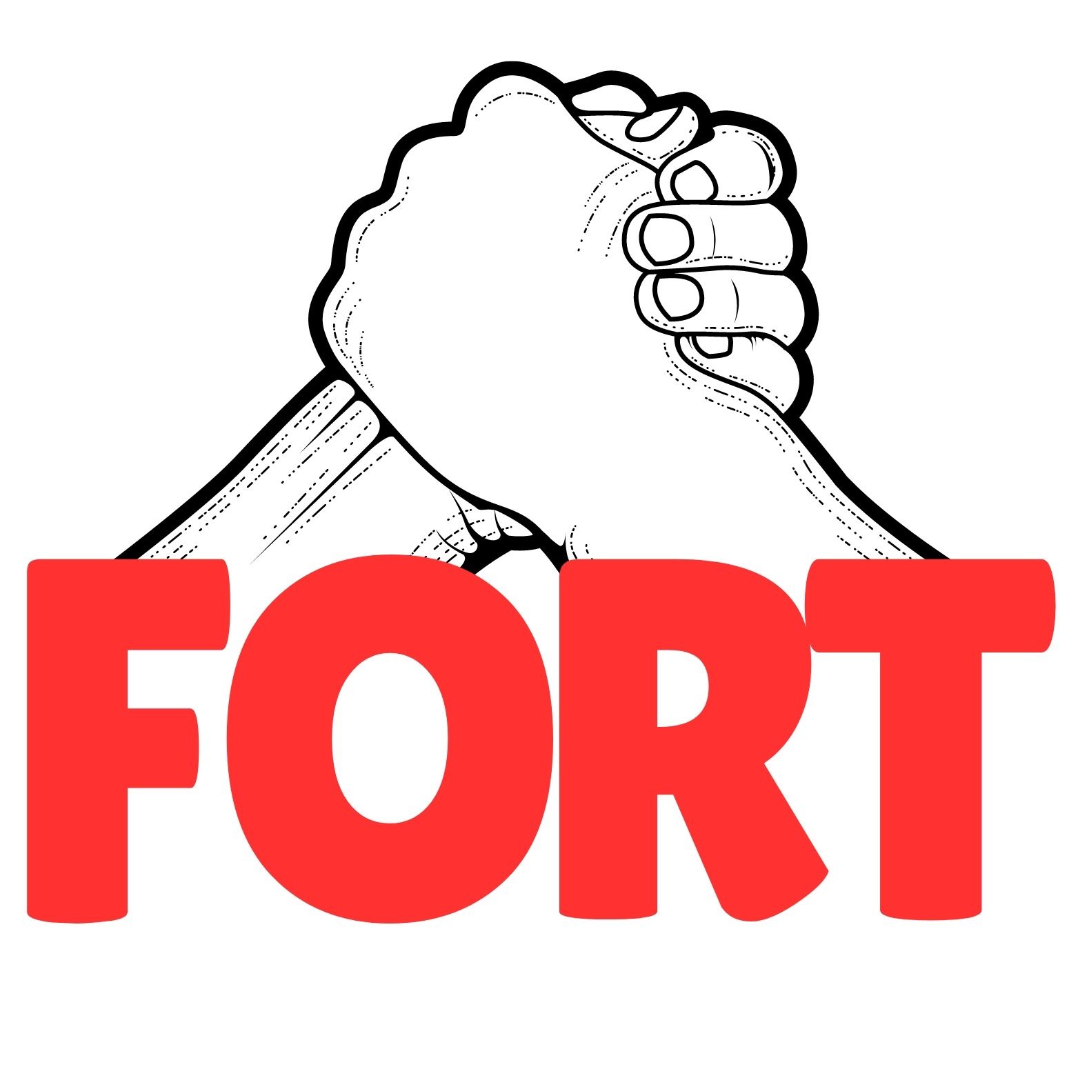 Un dibujo en blanco y negro de dos manos temblando sobre la palabra fuerte.