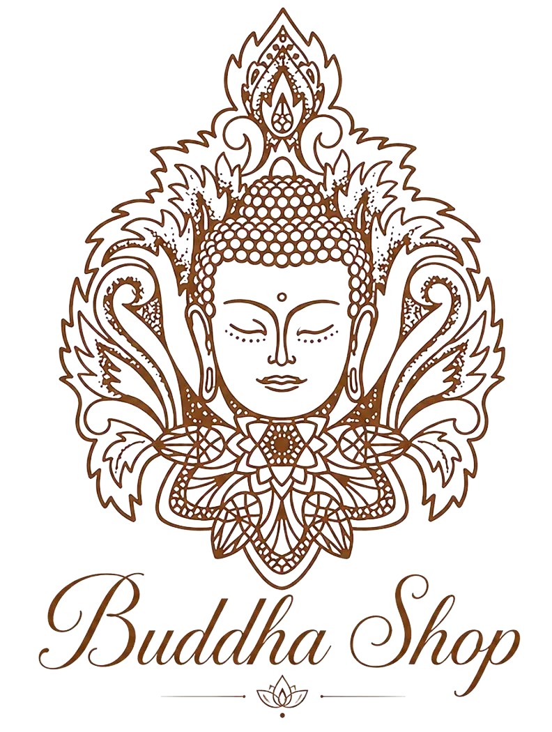 Logotipo de Buddha Shop con un rostro de Buda dibujado a mano en tonos marrones y un adorno floral sobre un fondo blanco.