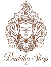 Logotipo de Buddha Shop con un rostro de Buda dibujado a mano en tonos marrones y un adorno floral sobre un fondo blanco.
