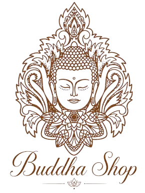 Logotipo de Buddha Shop con un rostro de Buda dibujado a mano en tonos marrones y un adorno floral sobre un fondo blanco.