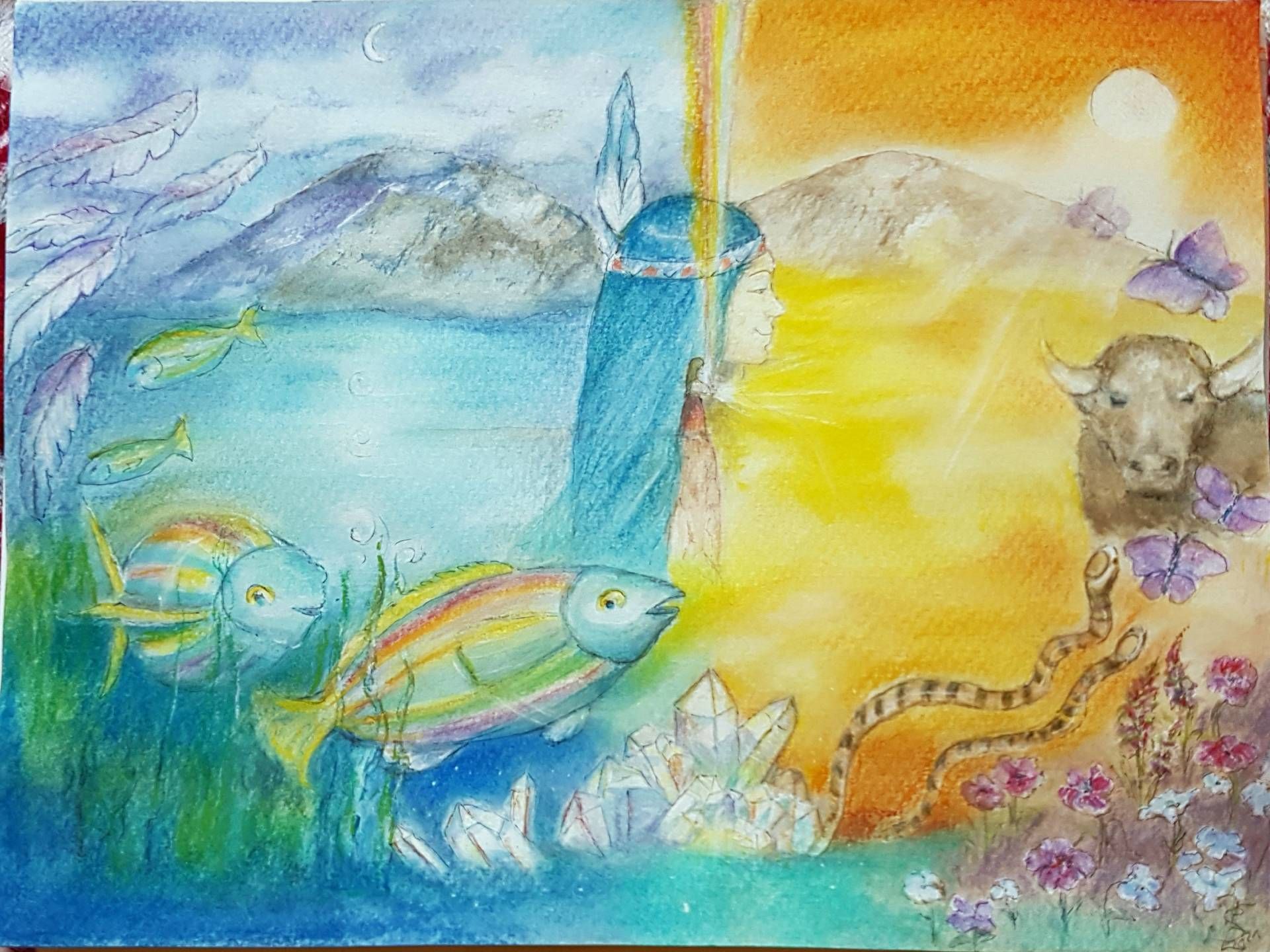 Fische, Berge, Frau, Sonne, Tiere