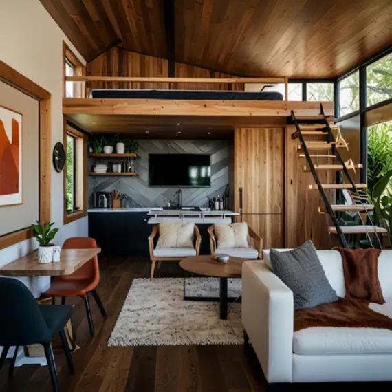 Una sala de estar con un sofá y sillas y una cocina.