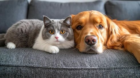 Gato y golden retriever acostados juntos en un sofá gris, mirando hacia el espectador.