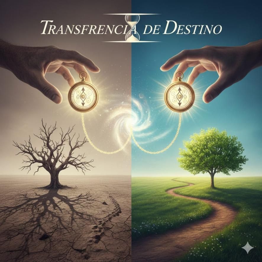 Manos que sostienen brújulas brillantes, conectadas por la luz, transformando un paisaje árido en uno vibrante.