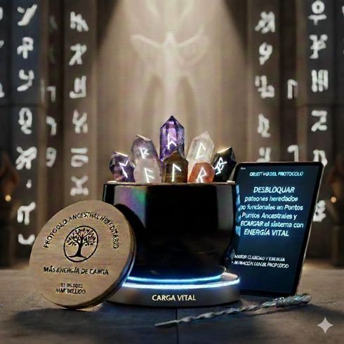 Escena mística con cristales, una tableta y runas, todo en un entorno antiguo y poco iluminado.