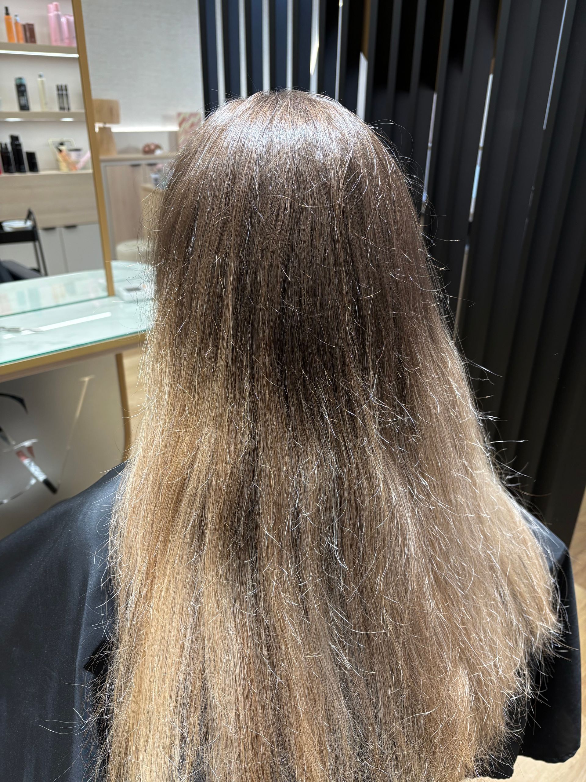 Cabelo castanho claro, seco e emaranhado; vista traseira.