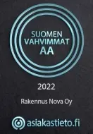 Suomen Vahvimmat AA -sertifikaatti, 2022, Rakennus Nova Oy, asiakastieto.fi logo.