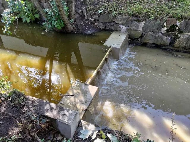 Pieni betoninen pato purossa, joka jakaa tummaa ja vaahtoavaa vettä mutaisten penkereiden ja kivien väliin