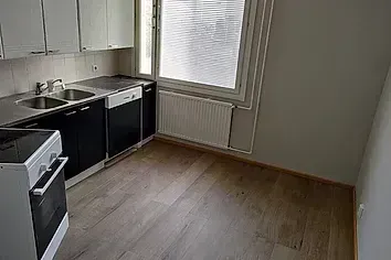 Tyhjä keittiö, jossa mustat kaapit, ruostumattomasta teräksestä valmistettu allas, valkoiset seinät, puulattia ja ikkuna, jonka alla on patteri