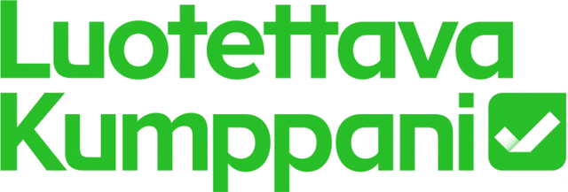 Green “Luotettava Kumppani” logo with a white checkmark in a green square