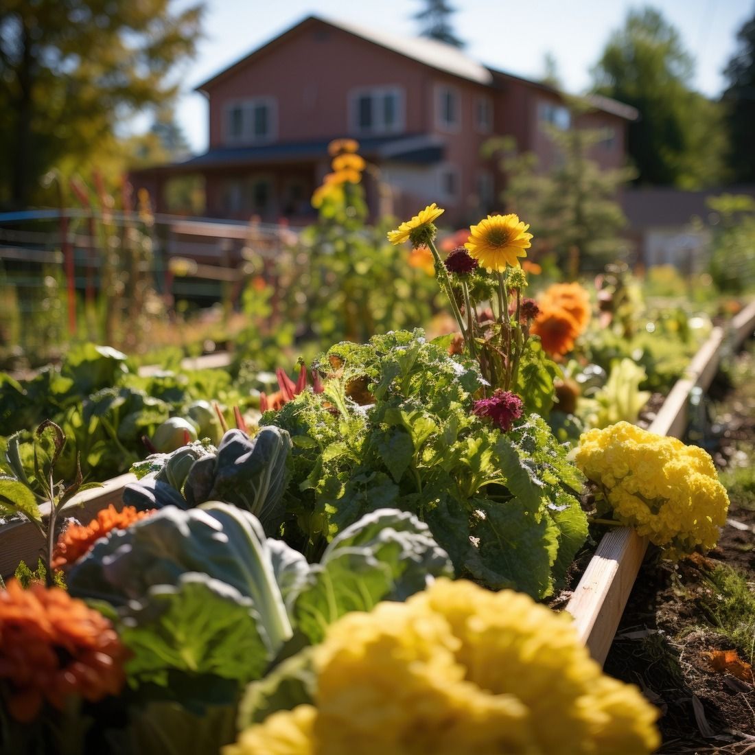 Un jardín con flores y verduras con una casa al fondo.