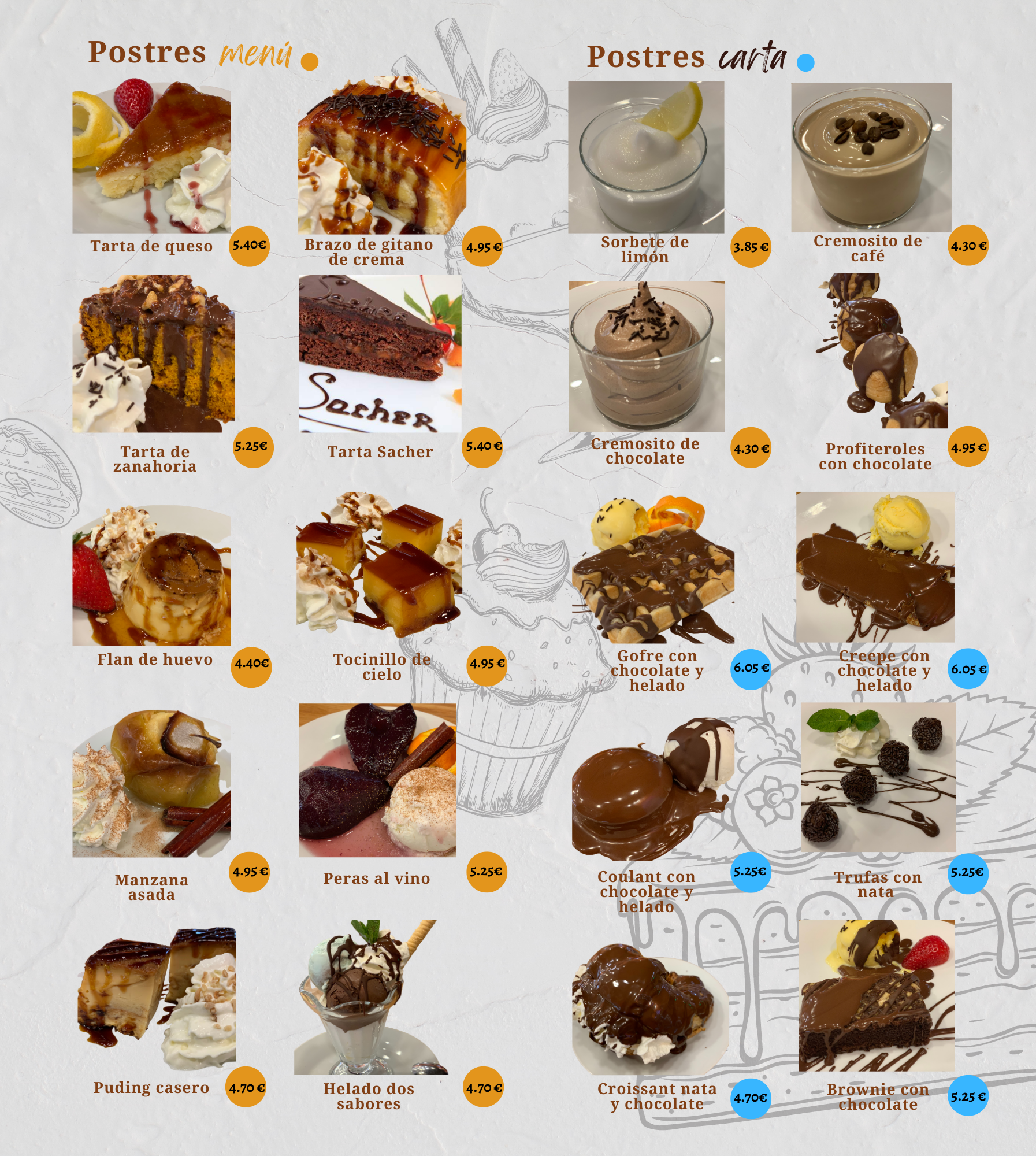 Un menú muestra una variedad de postres y bebidas.