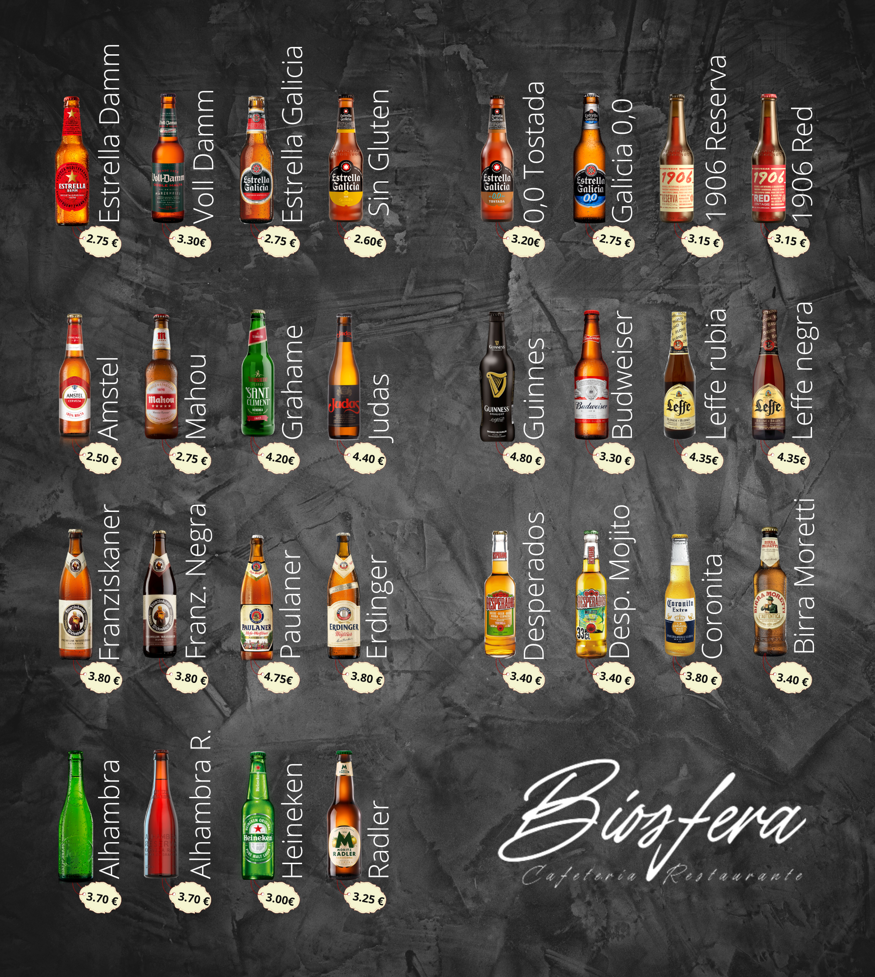 Una pizarra con botellas de cerveza y la palabra biosfera en la parte inferior.