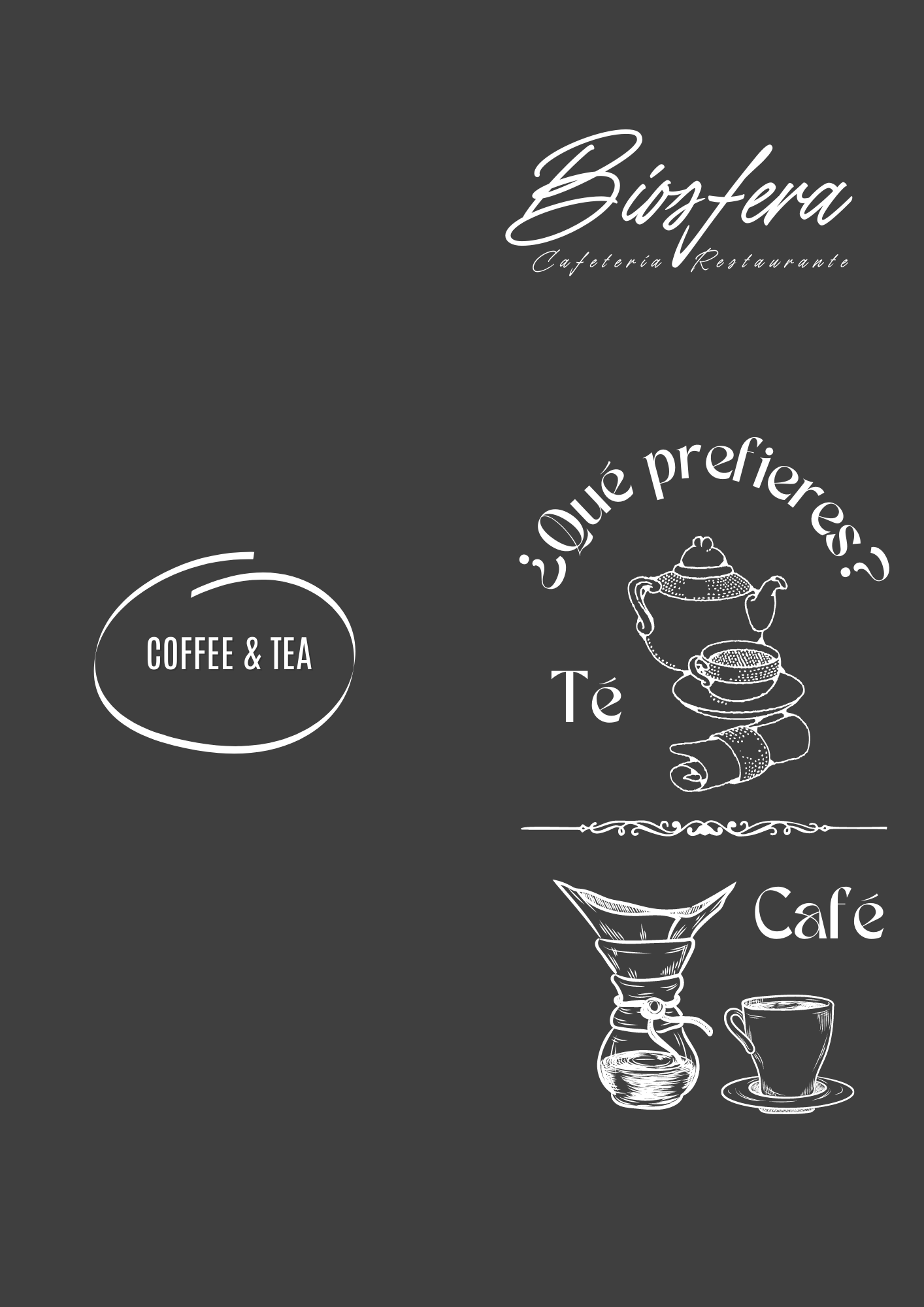 Una pizarra con dibujos de café y té.