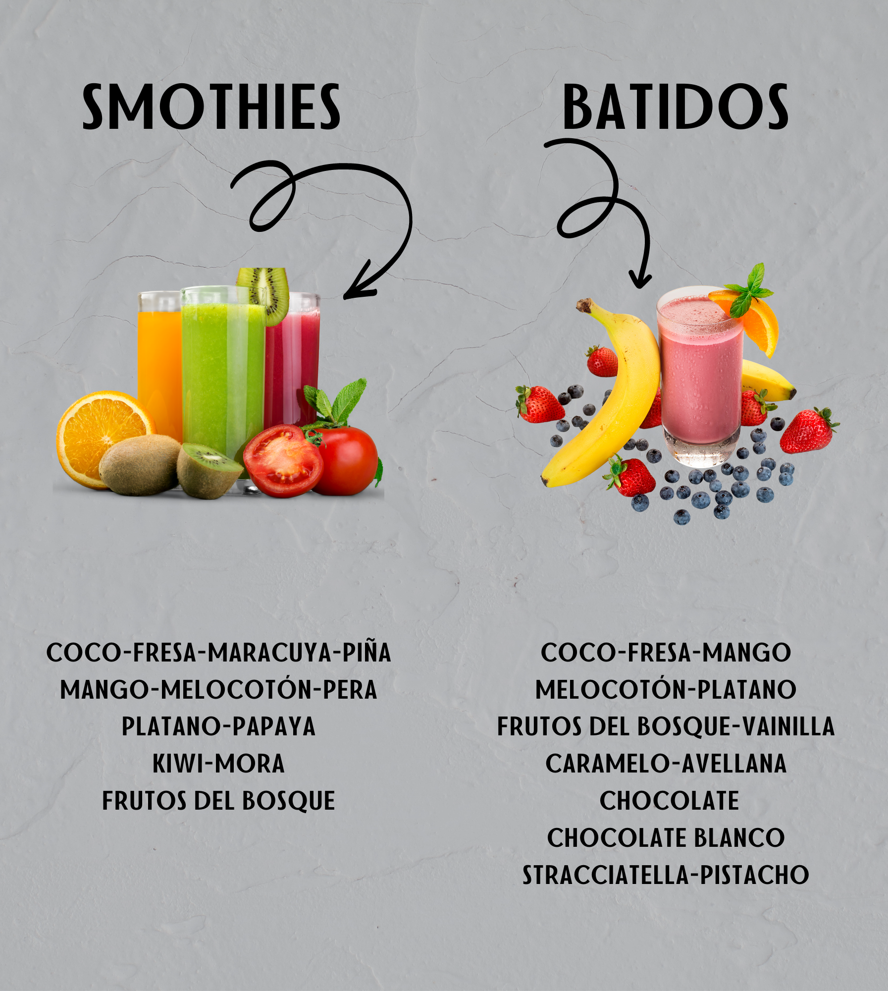 Un cartel con batidos y smoothies.