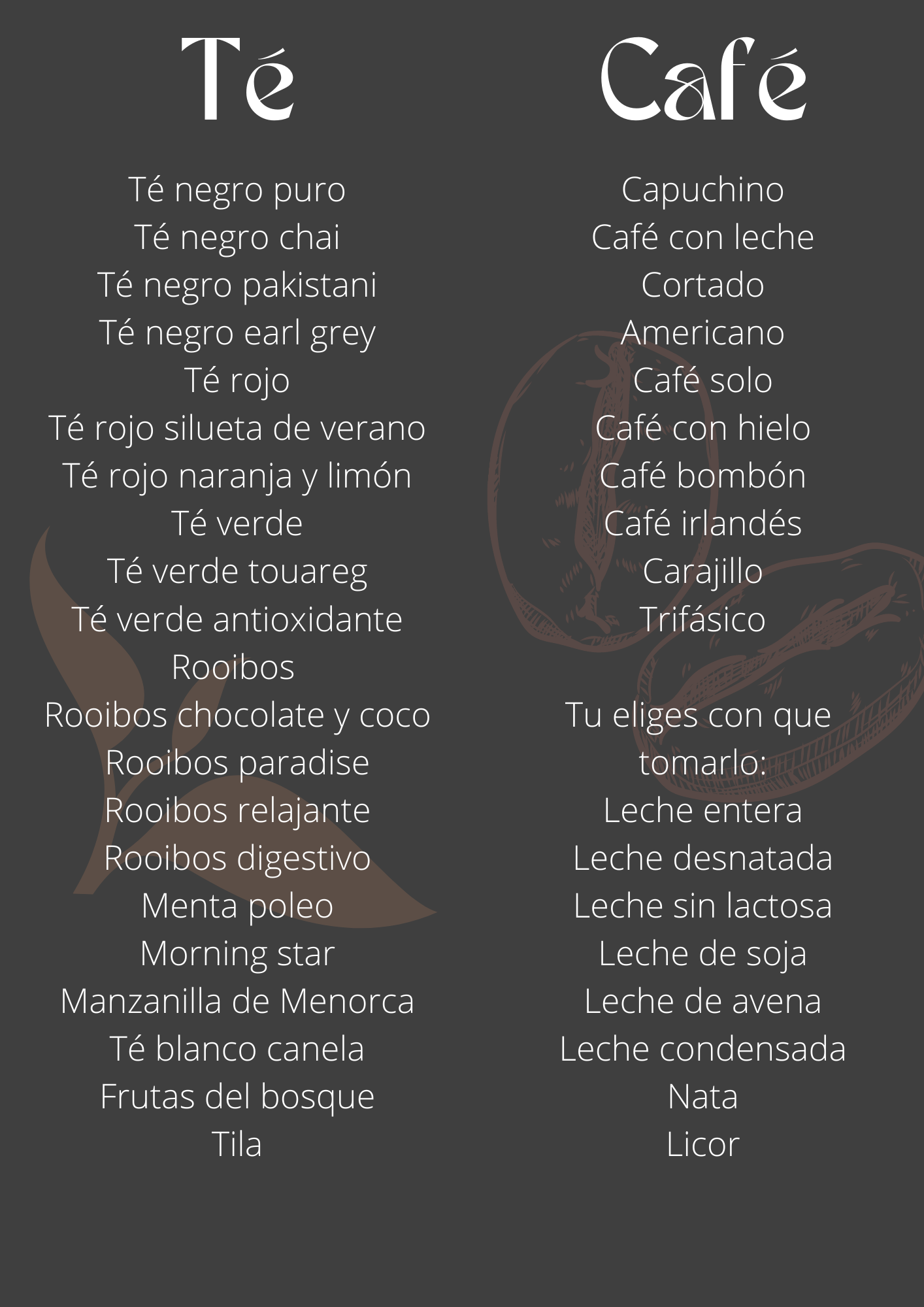 Una pizarra con una lista de bebidas de té y café.