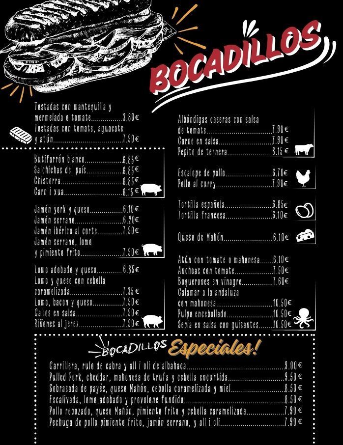 Un menú en blanco y negro de bocadillos con precios.