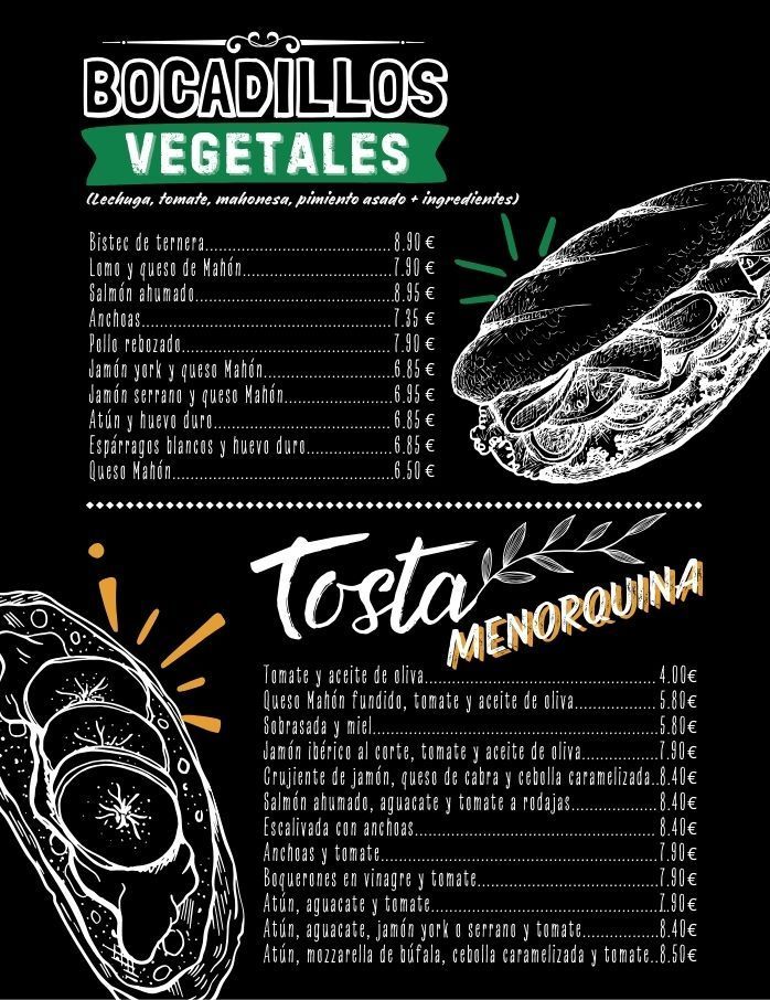 A black and white menu for bocadillos vegetales and tosta menorquina