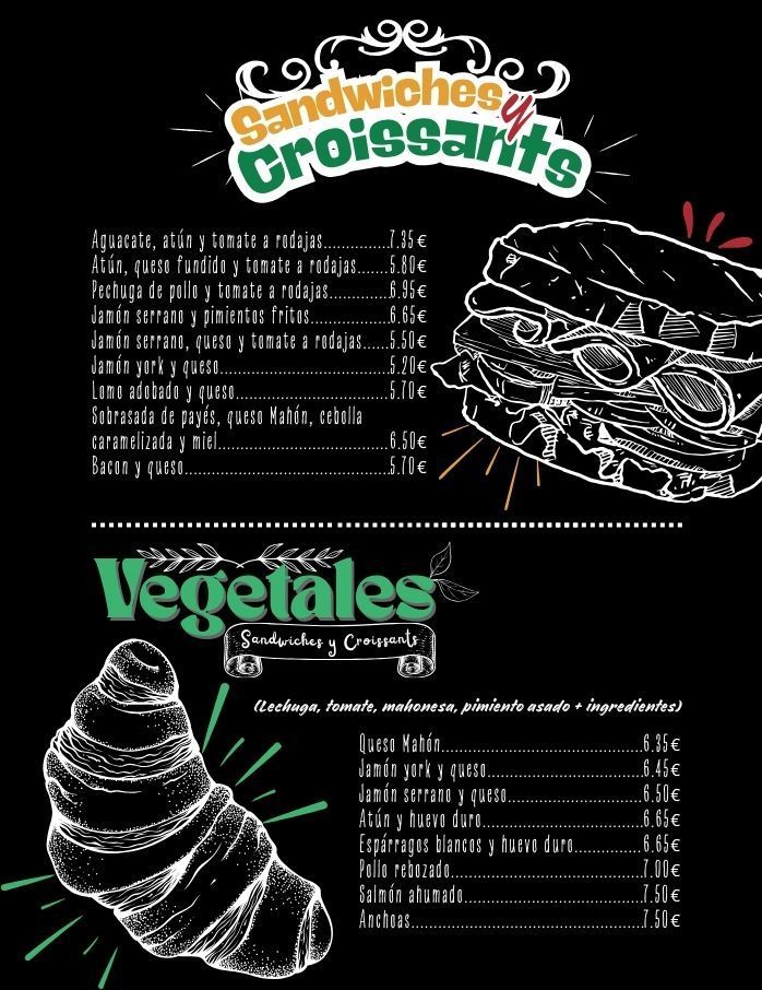 Un menú de sándwiches y croissants en español