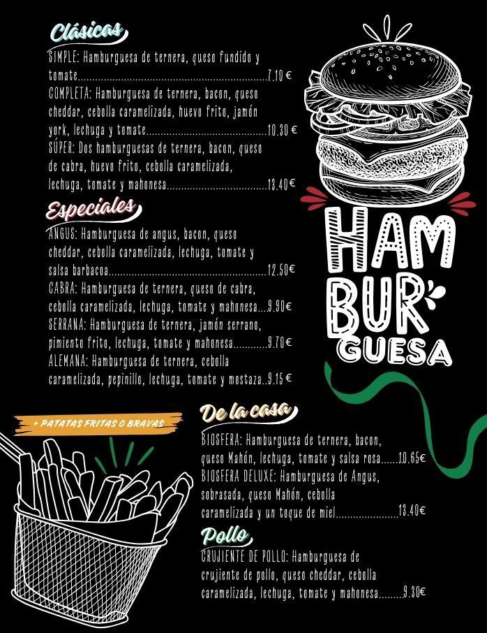 A menu for a restaurant called hamburguesa + patatas fritas o bravas