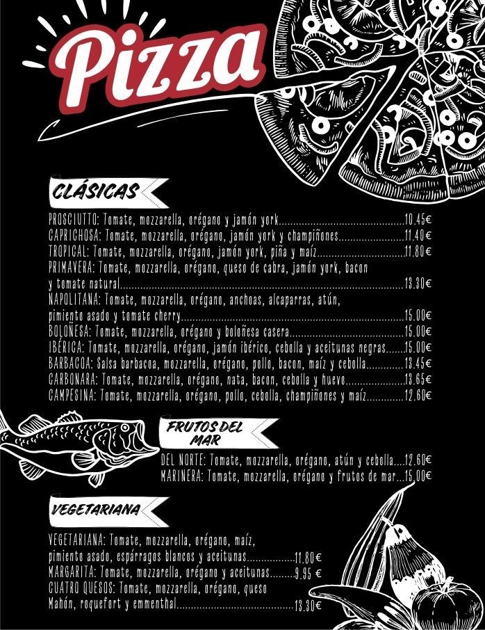 Un menú de pizzas con una lista de diferentes tipos de pizzas.