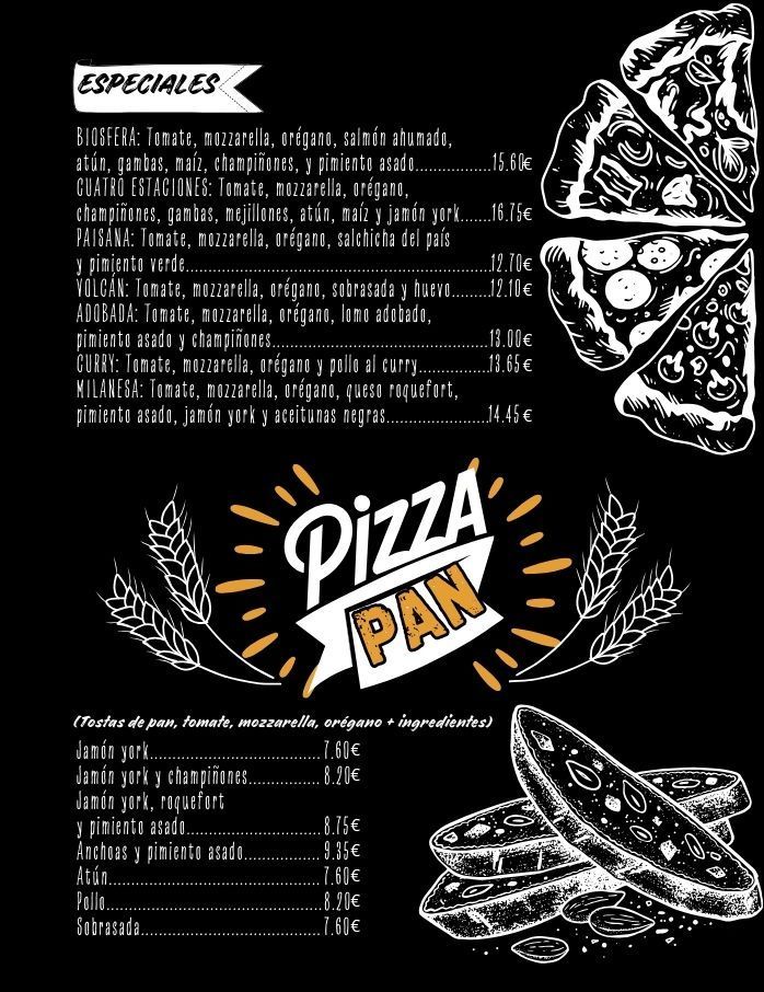 Un menú en blanco y negro para un restaurante llamado pizzapan