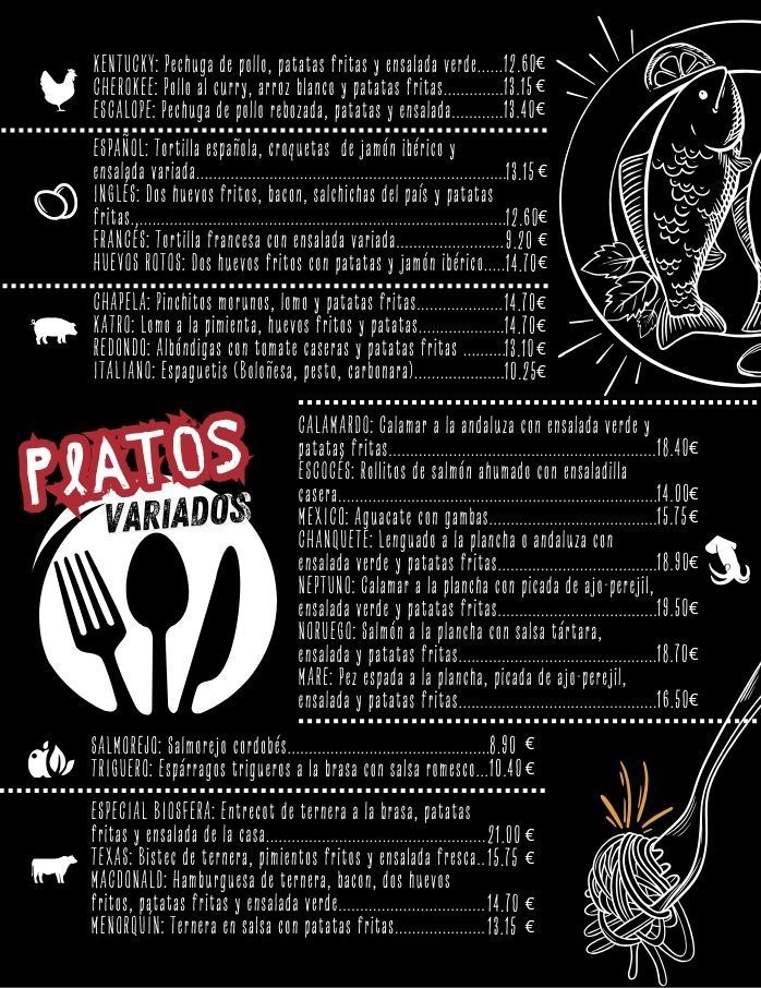 Un menú de platos variados en español con precios.