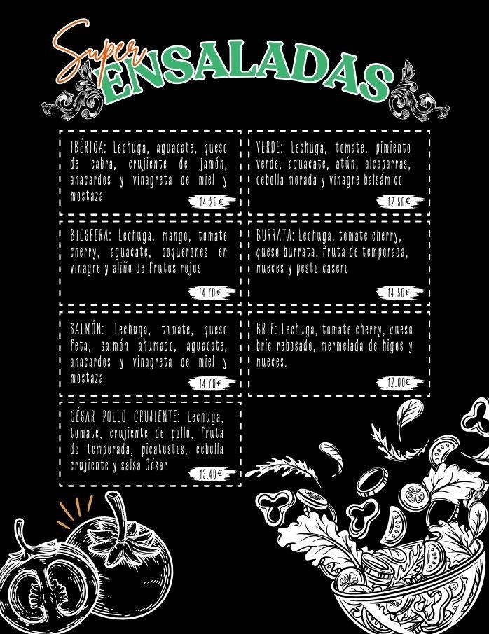 Un menú en blanco y negro con la palabra ensaladas en la parte superior