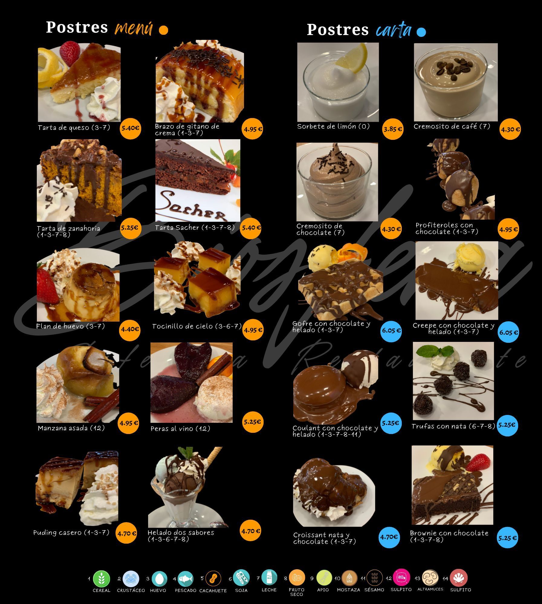 Un menú muestra una variedad de postres y bebidas.