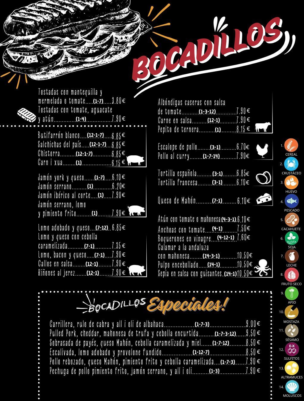 A black and white menu for bocadillos vegetales and tosta menorquina