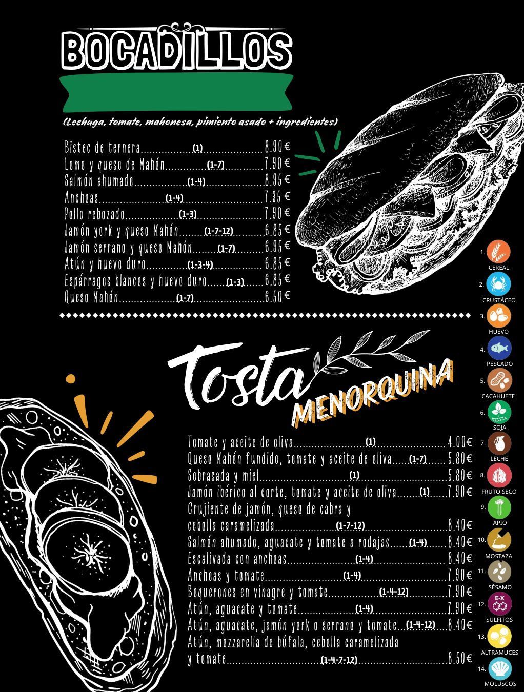 Un menú de sándwiches y croissants en español