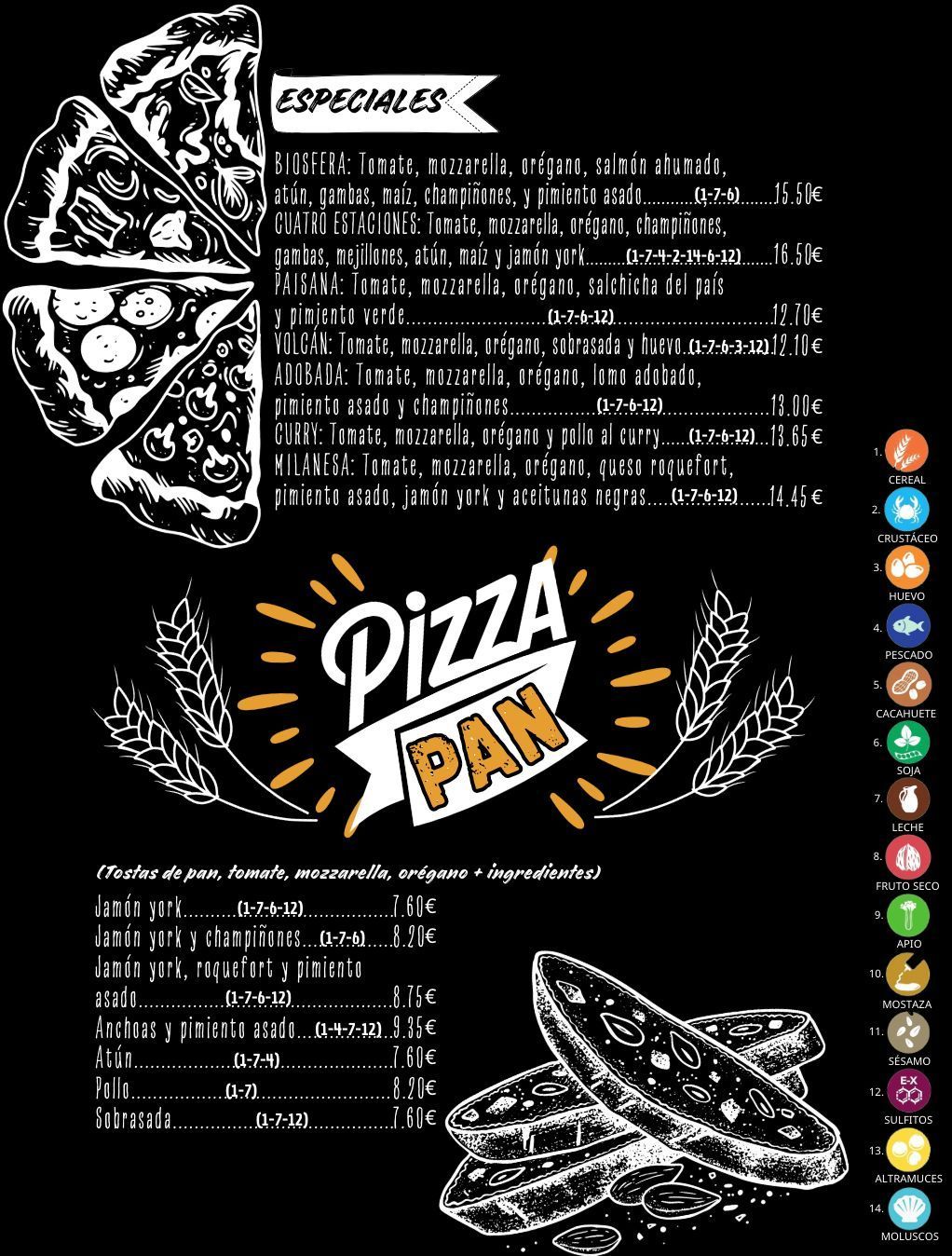 Un menú de platos variados en español con precios.