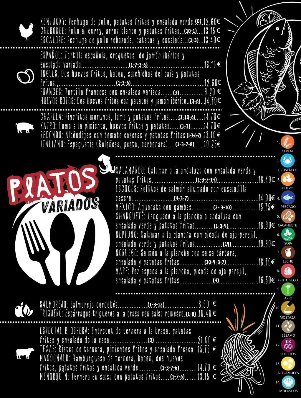 Un menú en blanco y negro con la palabra ensaladas en la parte superior